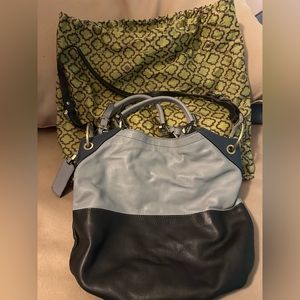 orYANY Sydney Pebbled Leather Colorblocked Hobo Purse baby blue/navy Satchel